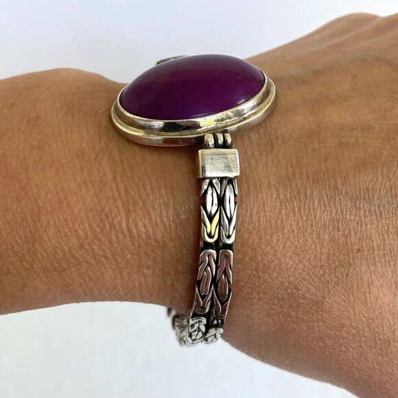 Sterling Silver 925 Purple Stone Dyed Howlite Chunky Byzantine Chain Bracelet - Picture 2 of 16